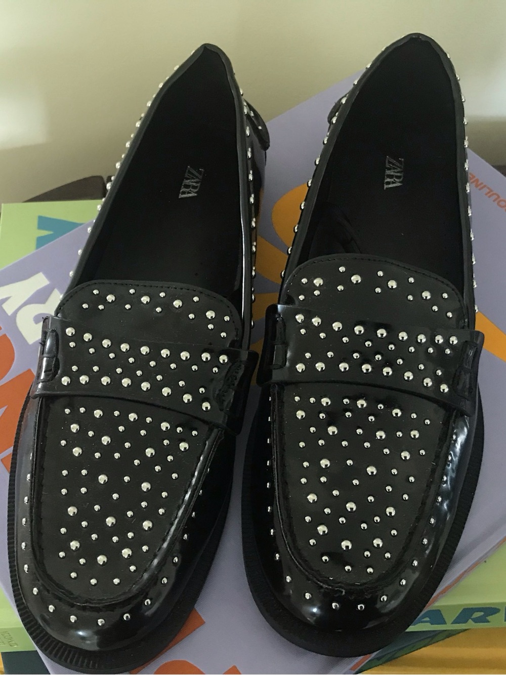 Zara Black Patent Studded Slip-On Loafers